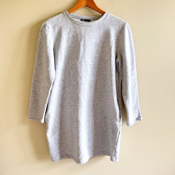 ZARA KOTON JARSE PLUSH SHIFT DRESS LIGHT GRAY LONG SLEEVE WOMENS SIZE S POCKETS - Picture 2 of 7